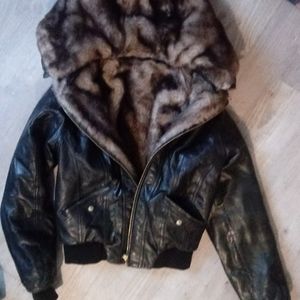 Hooded faux fur leather reversible bomber jacket